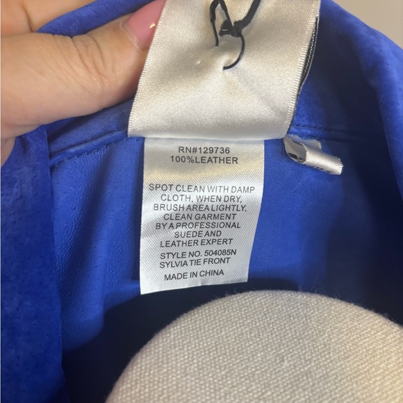 Finley NWT Blue Suede Leather Jacket Blazer Tie Front | Size 8 - Picture 7 of 8